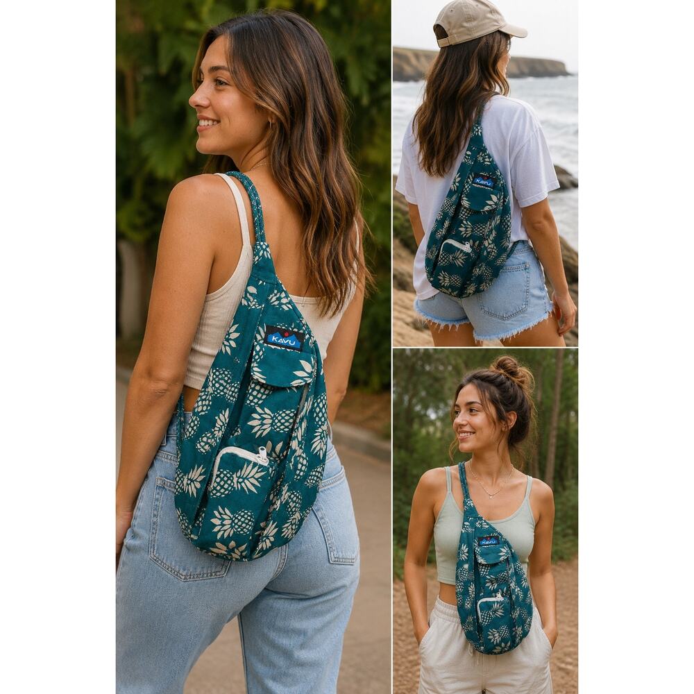 KAVU Mini Rope Sling Bag Teal Pineapple Print Crossbody Backpack Travel Hiking